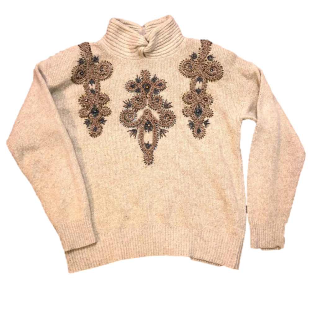 Vintage Silk Angora Wool Beaded Embroidered Turtleneck Sweater